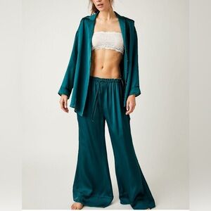 FREE PEOPLE SzXL Pajama Set Teal Green Button Top Elastic Waist Wide Leg Oversi
